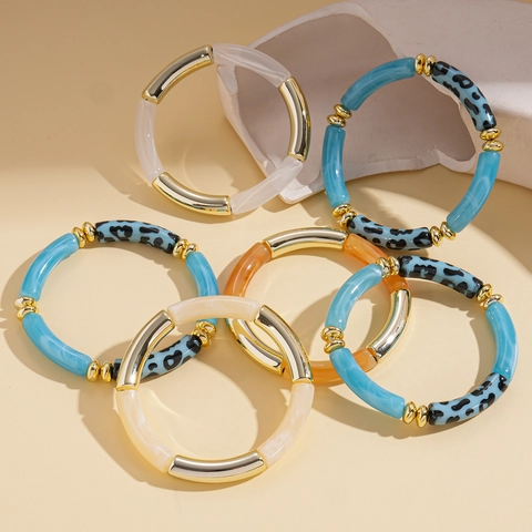 Acrylic Resin And Metal Tube Stacked Bracelet Set Bohemian Bamboo Joint Leopard Print Marbled Elastic Fashion Jewelry