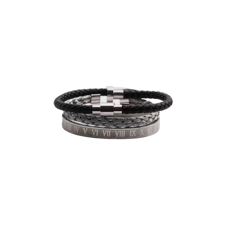Bracciale Rigido Da Uomo In Acciaio Inossidabile E Gioielli In Pelle PU Intrecciata Numeri Romani Punk Bracciale Aperto Torto