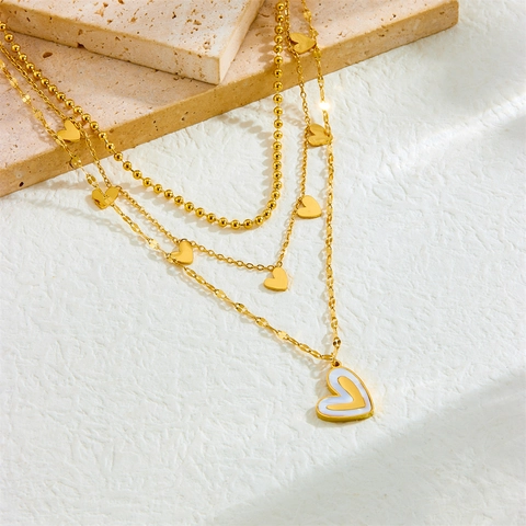Mehrlagige Herz Halskette Vergoldeter Edelstahl Mit Weißem Muschel Anhänger Eleganter Modeschmuck Für Damen