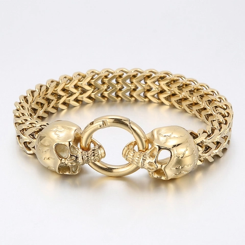 Pulsera Calavera Hombre Acero Inoxidable 316L Cadena Trenzada Punk Gótico Joyería Motero Metal Pulido