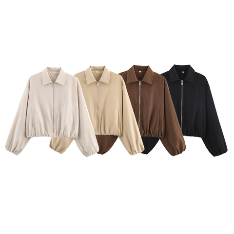 Damen Wildleder Polyester Reißverschluss Jacke Kurz Locker Reverskragen Elastischer Saum Langarm Lässige Streetwear