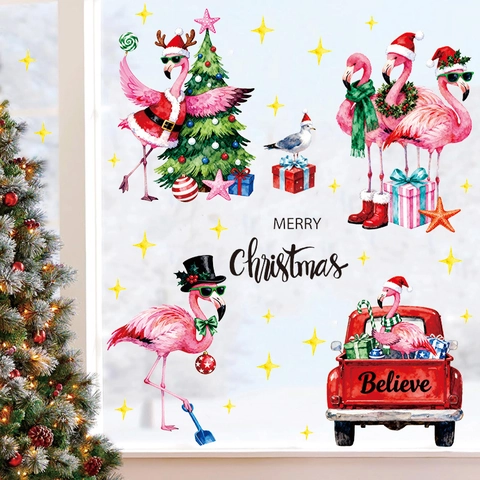 Christmas Wall Stickers PVC Removable Static Window Clings Flamingo Santa Claus Snowman Holiday Party Decoration