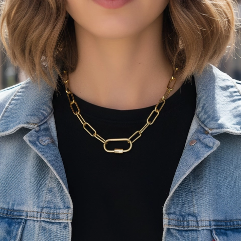 Collar de Cadena de Clip de Cobre Industrial Retro para Mujer Colgante de Óvalo con Cierre de Tornillo Joyería de Moda