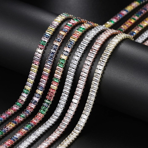 Luxury Baguette Zirconia Tennis Chain Necklace For Men Women Copper Hiphop Rainbow Rectangle Necklaces Adjustable Party Jewelry