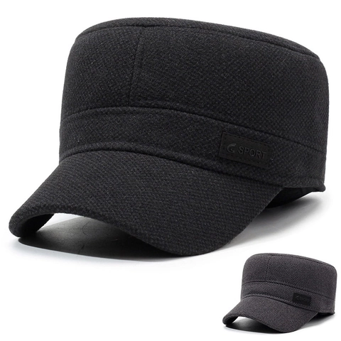 Herren Military Cap Winter Warm Fleece Gefüttert Ohrenschutz Flat Top Hut Verstellbar Baumwollmischung Lässig Outdoor