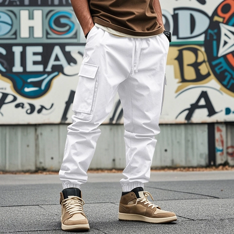 Men's Casual Cargo Pants Outdoor Multi-Pocket Jogger Sweatpants Solid Color Drawstring Loose Cuffed Sweatpants For Men Daily