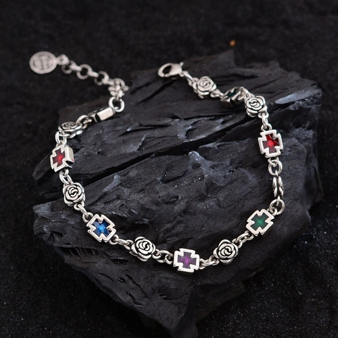 Bracelet Pendentif Croix de Rose en Cuivre Vintage Avec Strass Multicolores Gothique Électroplaqué Punk Bijoux pour Femmes