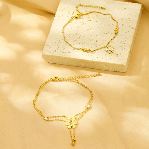 Stainless Steel Bracelet White Shell Clover Butterfly Zircon Double Layer Chain Jewelry For Women Elegant Sweet Style