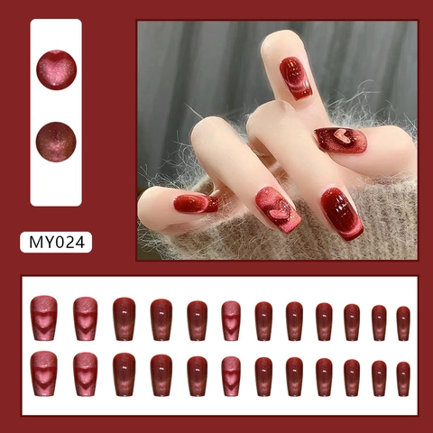 Wine Red Cat Eye Press On Nails With Heart Pattern Coffin Shape Shiny Fake Nails For Women