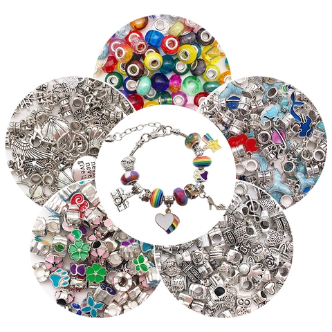 DIY Bracelet Making Accessories Alloy Enamel Glass Large Hole Beads Snake Chain Heart Pendants Fashion Trendy Jewelry