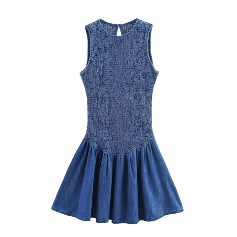 Damen Ärmelloses Gesmoktes Minikleid Denim-Effekt A-Linie Rundhals Schlüsselloch-Rücken Schickes Lässiges Sommerkleid Blau