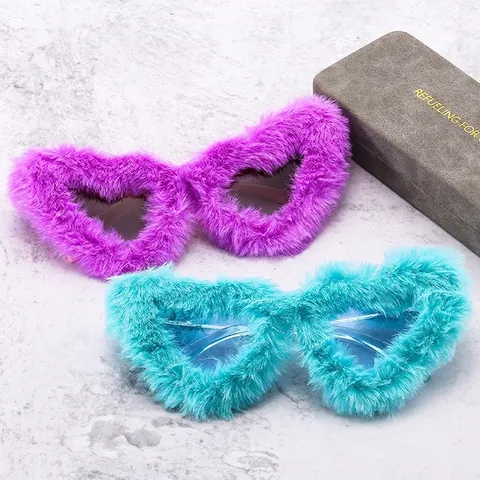 Heart Shaped Plush Furry Sunglasses PC Frame AC Lens UV400 Novelty Party Eyewear For Men And Women