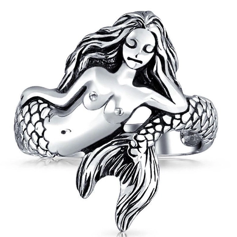 Vintage Mermaid Ring Copper Silver Plated Mythical Siren Sea Fairy Wrap Design Jewelry For Women