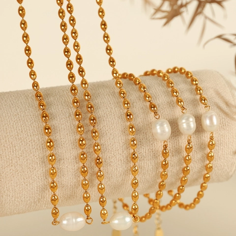 Gioielli Con Ciondolo In Perla D'acqua Dolce Acciaio Inossidabile Placcato Oro Collana E Bracciale Catena Oliva Elegante Per Donne