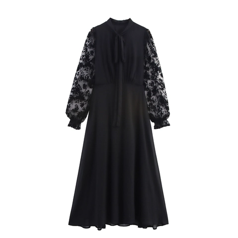 Polyester Lace Patchwork Long Sleeve Maxi Dress Bow Tie Collar Elegant French Style High Waist Solid Color For Women