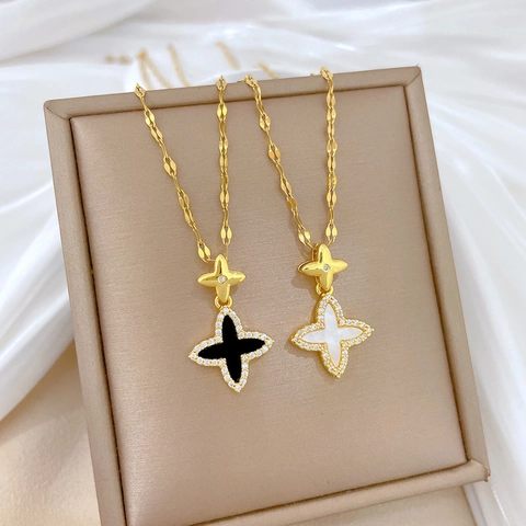 Stainless Steel Star Clover Pendant Necklace For Women Copper Pave Rhinestone Luxury Temperament Clavicle Chain Jewelry Elegant Gift