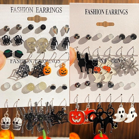 Set Orecchini Halloween Donna Gotico Lega Smalto Zucca Fantasma Ragno Pipistrello Teschio Orecchini a Bottone Gioielli Party