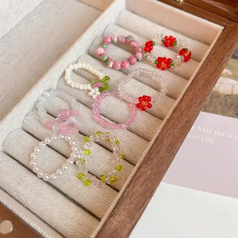 Handgefertigter Künstliche Perlen Blumen Ring Bunter Glasur Glas Kunstperle Schmetterling Elastischer Fingerschmuck Damen Süß Wald Stil
