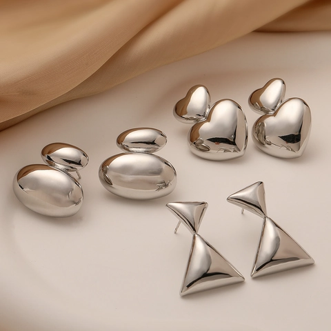 Geometric Heart Triangle Oval Stud Earrings Minimalist Polished Gold Plated Copper Jewelry For Women Vintage Style