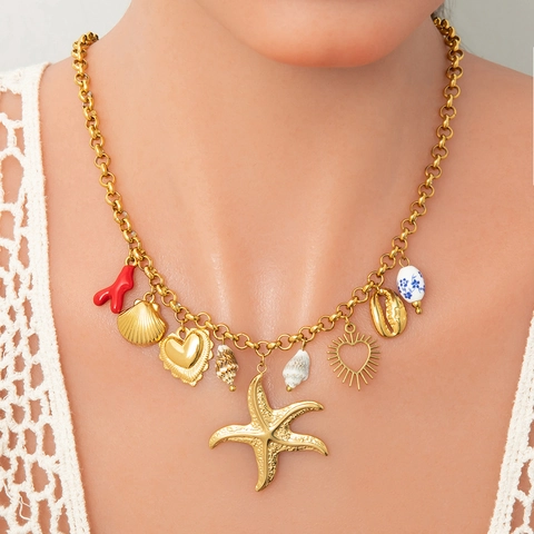 Collar Pendientes Estrella De Mar Concha Corazón Acero Inoxidable Chapado Oro 18K Perla Porcelana Joyería Mujer