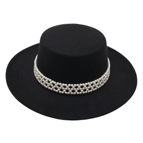 Sombrero Canotier Elegante Fieltro De Lana Ala Ancha Con Cadena De Perlas Artificiales Estilo Vintage Francés Mujer Gorra Formal
