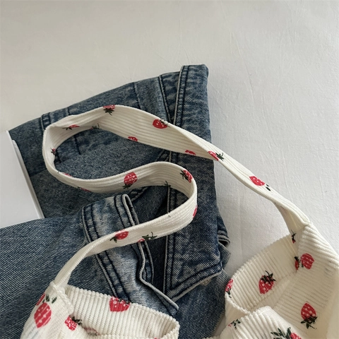 Corduroy Shoulder Tote Bag Large Capacity Strawberry Print Casual Literary Handbag For Women Daily Commute