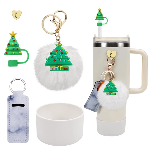 Holiday Theme Tumbler Accessory Silicone Cup Boot Straw Cover Plush Pompom Keychain Lip Balm Holder Decorative Ornament