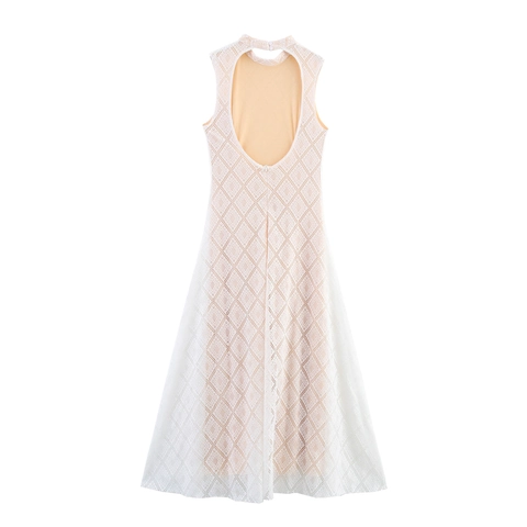 Abito Lungo In Pizzo Senza Maniche Collo Alto Schiena Scoperta Vestibilità Slim Sexy Donna Festa
