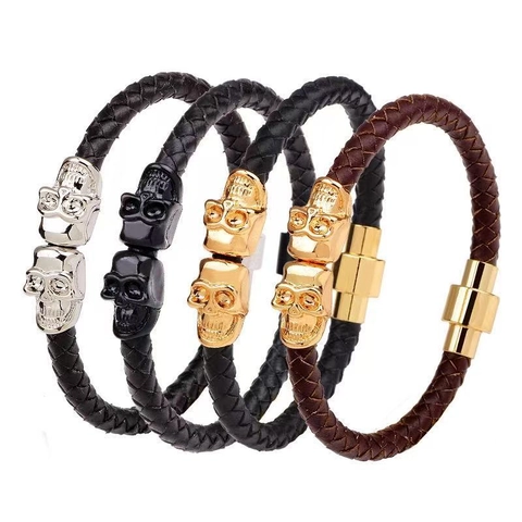 Braided Leather Bracelet With Copper Skull Head Magnetic Clasp Punk Gothic Style Vintage Jewelry For Men