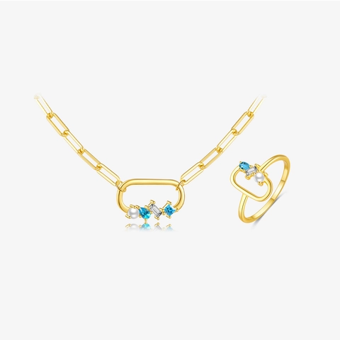 925 Sterling Silver Jewelry Set For Women Retro Gold Plated Geometric Pendant Necklace And Ring Artificial Pearl Rhinestone Jewelry