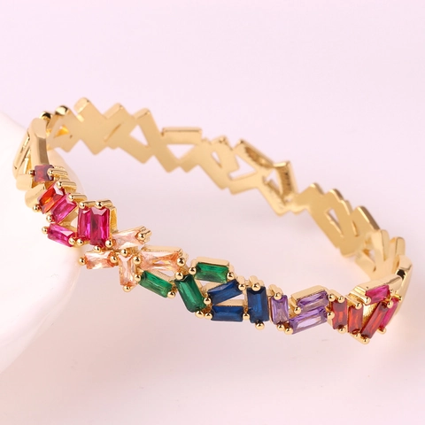 Rainbow Zircon Bangle Copper Gold Plated Multi Color Rectangular Rhinestones Star Pattern Luxury Jewelry Women