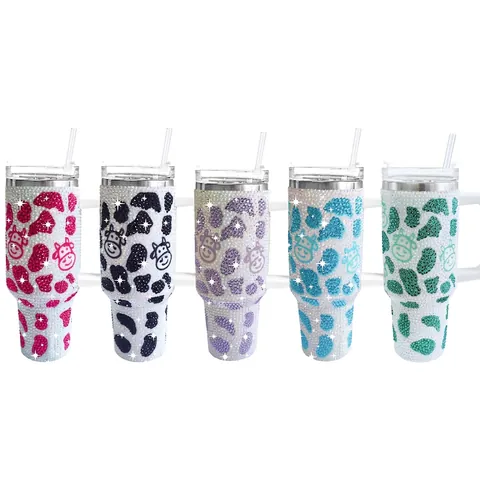 Rhinestone 304 Stainless Steel Insulated Tumbler Cow Print Travel Mug With Handle And Straw Bling Car Cup Vacuum Flask