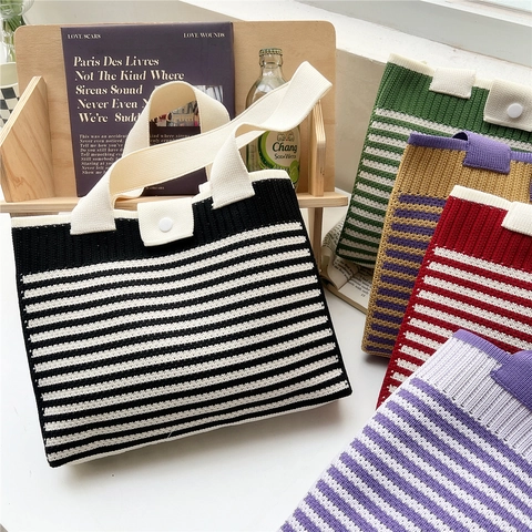Borsa Tote In Maglia A Righe Grande Capacità Borsa A Spalla In Maglia Morbida Da Donna Quotidiana Scuola Lavoro Moda Casual