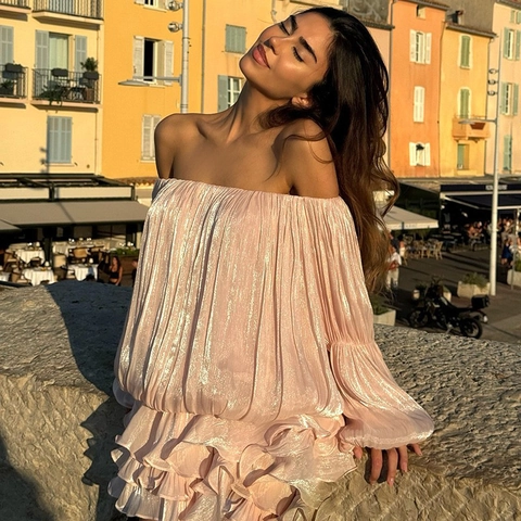 Off The Shoulder Long Sleeve Mini Dress Ruffle Tiered Pleated Polyester Elegant Sweet Style Women