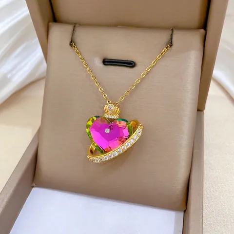 Herz Halskette Edelstahl Kupfer Kristall Zirkon Krone Saturn Ring Gradient Elegant Schmuck Für Frauen