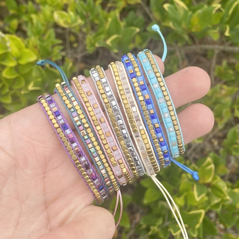 Pulsera De Cuentas Tejida A Mano Bohemio Cristal Mostacillas Cordón Cera Ajustable Joyas Mujer