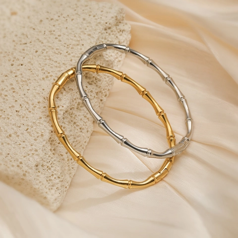 Vintage Minimalist Titanium Steel Bamboo Joint Bangle Bracelet For Women Eco-friendly Gold Silver Plated Fashion Bionic Bamboo Design Cuff Bangle Jewelry