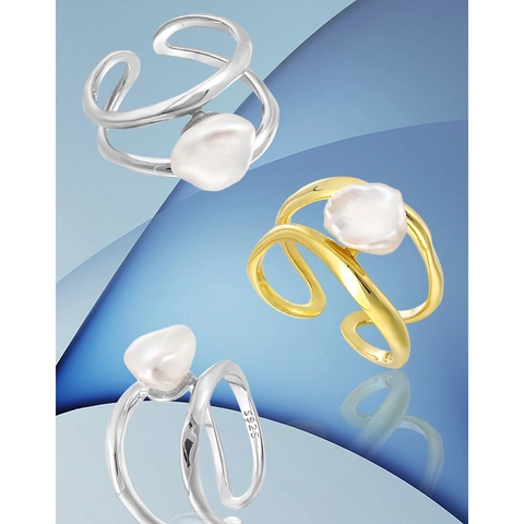 925 Sterling Silver Irregular Baroque Freshwater Pearl Adjustable Open Ring For Women Double Layer Hollow Geometric Jewelry