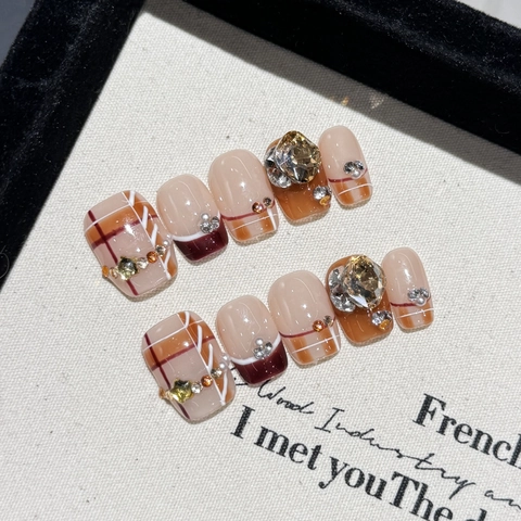 Uñas Postizas Hechas A Mano Retro Cuadros Francés Borgoña Con Diamantes De Imitación Perlas Artificiales Resina Elegantes Uñas Mujeres