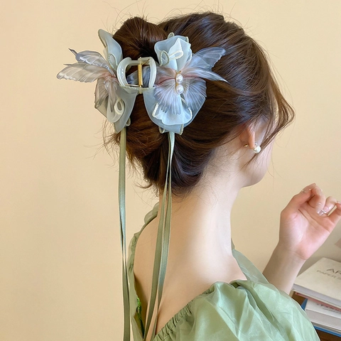 Butterfly Hair Claw Clip With Organza Ribbon Long Tassels And Faux Artificial Pearls Sweet Fairy Style For Women