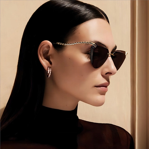 Cat Eye Rimless Sunglasses Women Metal Snake Bone Temples UV400 Protection Trendy Street Style Elegant Eyewear Shades