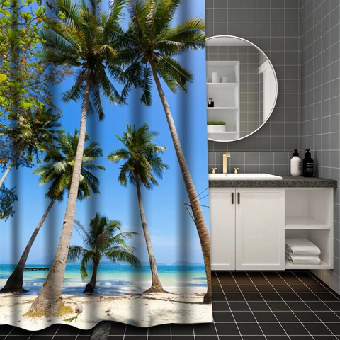 Tenda Da Doccia Paesaggio Spiaggia Tropicale Tappeto Bagno Impermeabile Poliestere Flanella Decorativo Casa