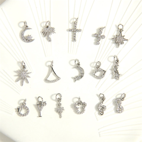 Micro-set Cubic Zirconia Pendants Gold And Rhodium Plated Copper Charms For DIY Necklace Jewelry Making Cross Star Moon Shapes