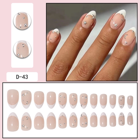Press On Nails Franse Stijl Ster Maan Decoratie Nude Roze Kunstnagels Witte Tips Ovale Vorm Manicure Dames