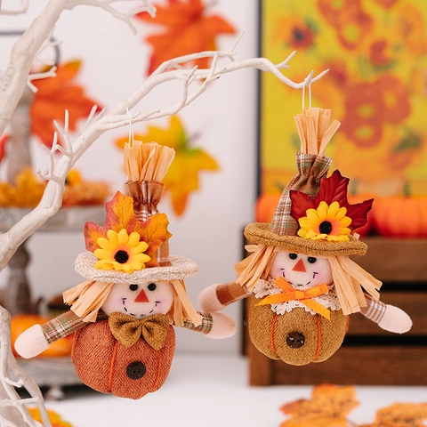 Vogelscheuche Kürbis Puppe Anhänger Herbst Ernte Thanksgiving Dekoration Stoff Sackleinen Sonnenblume Ahornblatt Ornament