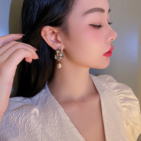 Pendientes Colgantes Flor Vintage Aleación Strass Champaña Perla Artificial Imitación Con Poste De Plata Esterlina 925 Para Mujer