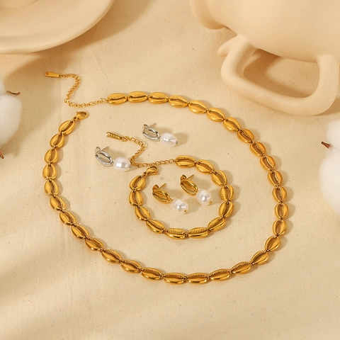 Shell Necklace Bracelet And Artificial Pearl Earrings Jewelry Collection Stainless Steel Mother Of Artificial Pearl Ocean Beach Theme For Women