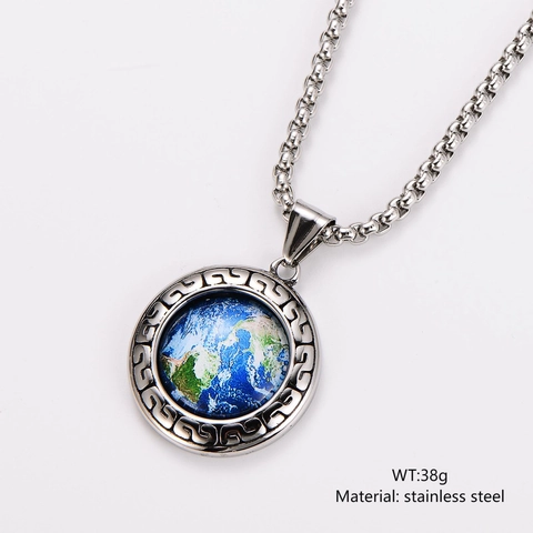 Earth Globe Pendant Necklace Stainless Steel Vintage Greek Fretwork Border Hip Hop Minimalist Jewelry