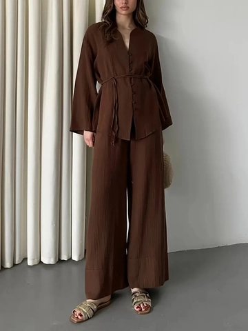 Elegante Camisa Con Cuello En V Y Pantalones De Pierna Ancha Para Mujer Tela Texturizada Color Sólido Oficina