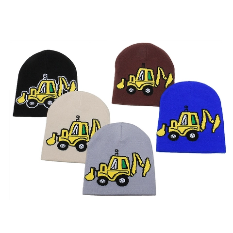 Kids Winter Knitted Beanie Hat Warm Acrylic Excavator Construction Vehicle Pattern Boys Girls
